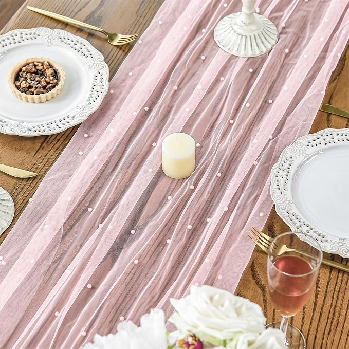 Artoid Mode 3PCS Pearl Pink Gauze Table Runner 120 Inch 10FT, Seasonal Sheer - Image 5