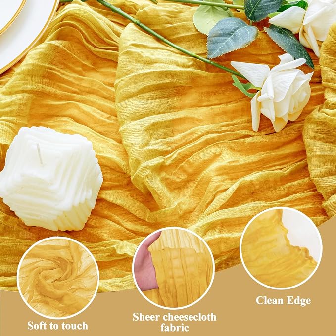 Cheesecloth Table Runner 10FT 2Pcs Gold Boho Gauze Rustic Sheer Runners | - Image 3