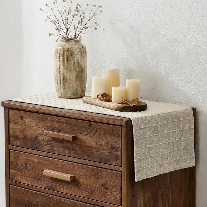 Artisanal Grid Linen Table Runner, 13x108 Inches Neutral Beige | Heavy Textured - Image 3