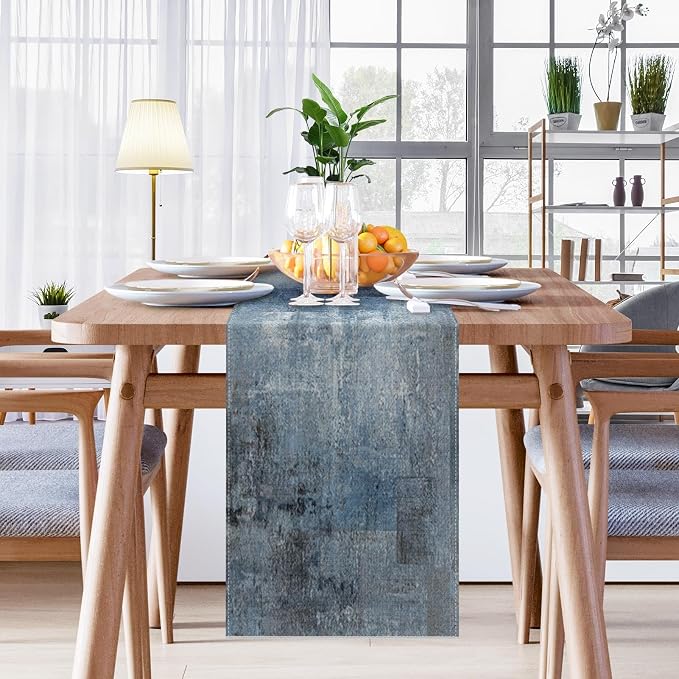 Emvency Table Runner, 13x90 Inch, Farmhouse Abstract Denim | Blue Art Painting - Image 4