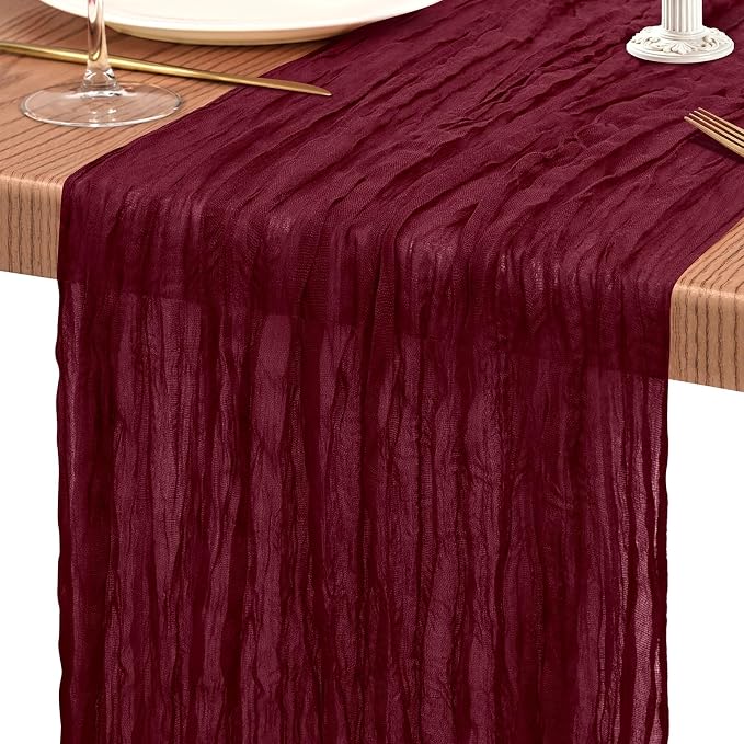 Showgeous 2 Pack Burgundy Cheesecloth Table Runners Boho Wedding Decor | Rustic - Image 9