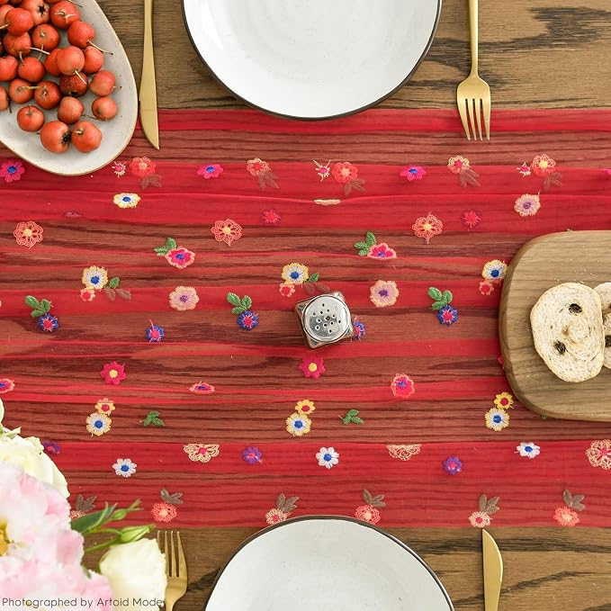 Artoid Mode 3PCS Red Embroidery Daisy Gauze Table Runner 120 Inch 10FT | - Image 5