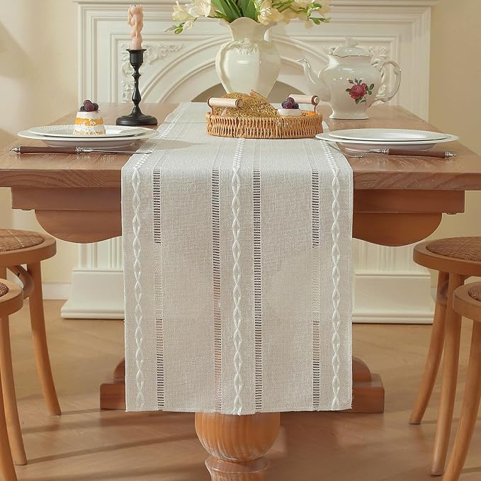 Boho Cotton Linen Beige Table Runner, Ivory Farmhouse Woven Table Runners - Image 4