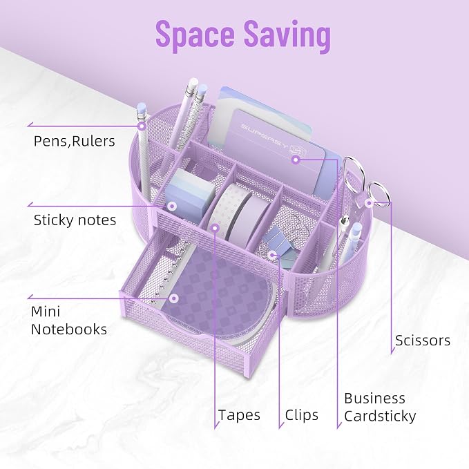 Mesh Desk Organizer with Drawer, 9-Compartment Pen Holder - Image 3