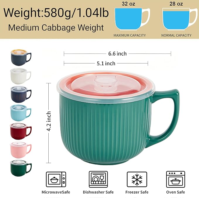 Ceramic Soup Bowl with Handle & Lid, 32oz Microwave Ramen Bowl Set of 2 | Green - Image 2