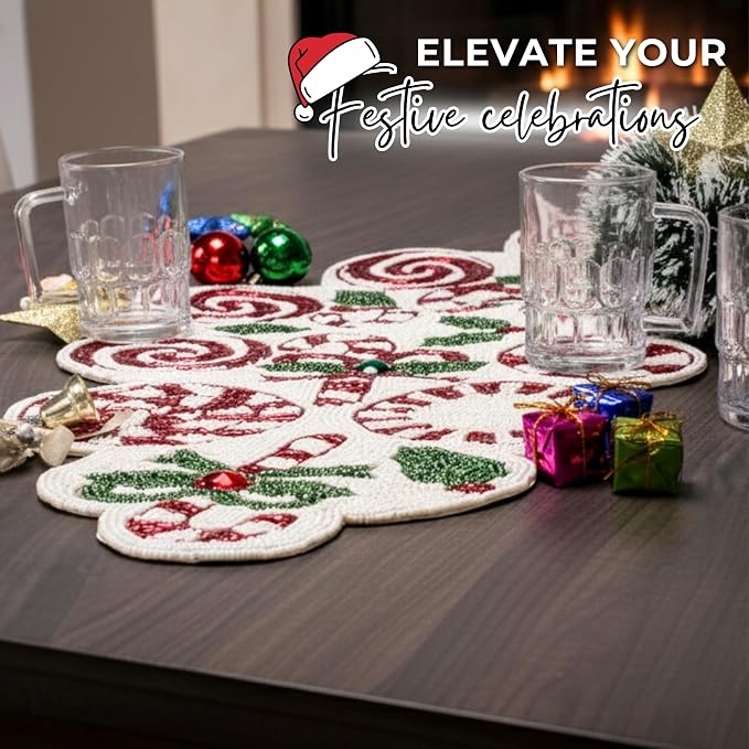 Christmas Beaded Table Runner, 13x36 | Handcrafted, 85% glass beads, polyester - Image 8