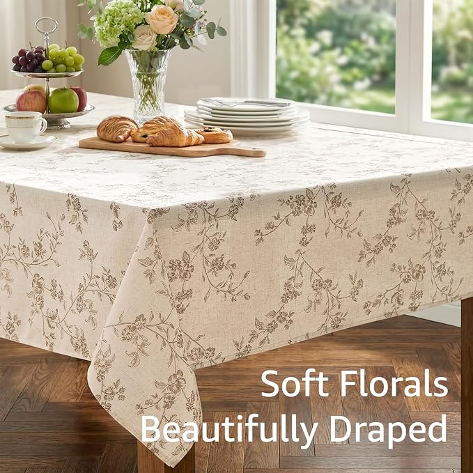 jinchan Taupe Farmhouse Floral Linen Square Table Cloth 52 x 52 Inch | Timeless - Image 5