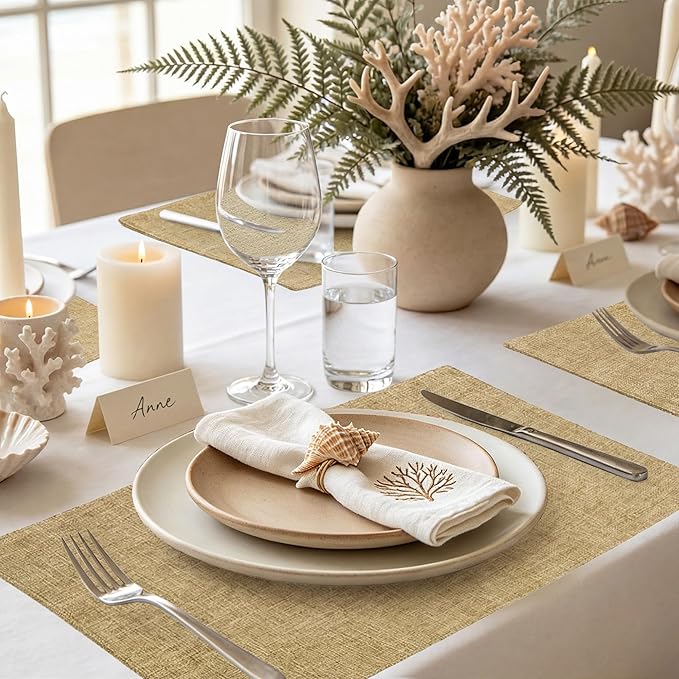 Faux Cotton Linen Placemats Set of 6, Cloth Washable Farmhouse Dining Table Mats - Image 7