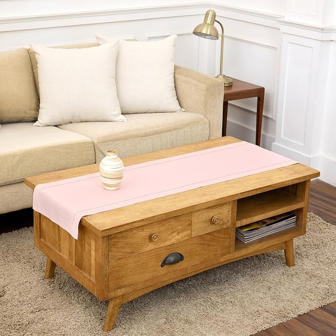 Solino Home 100% Pure Linen Table Runner Pink, Classic Hemstitch 14 x 48 in | by SolinoHome