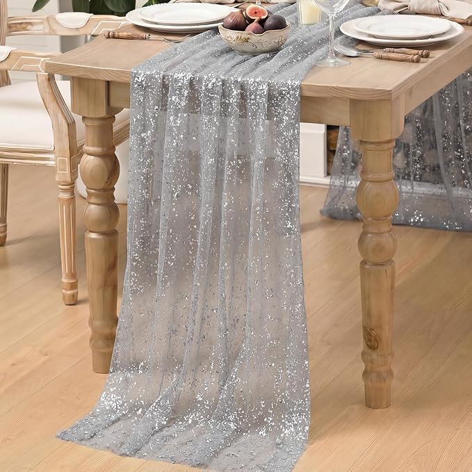 Artoid Mode Grey Gold Gauze Table Runner 120 Inch 10FT, Glitter Metallic Foil - Image 5