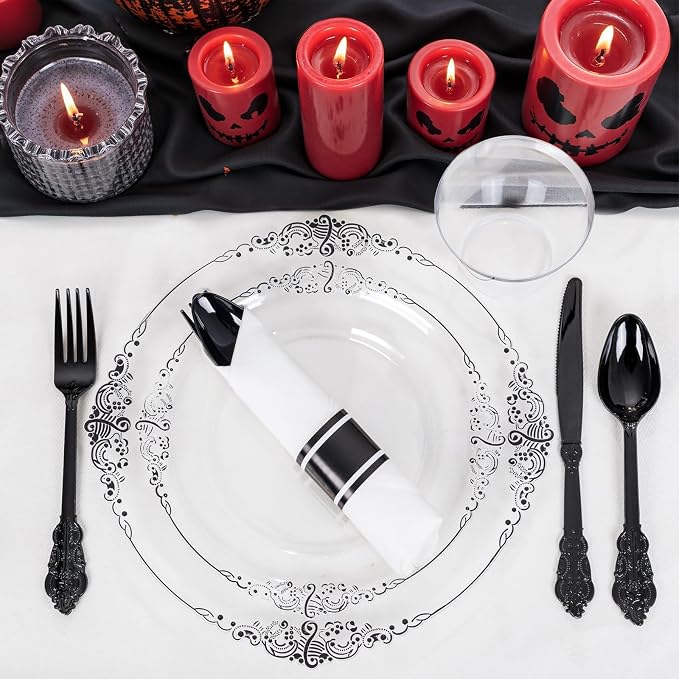 175 Pcs Clear Black Plates for Party | Black Party Plates Set for 25 Guests - Image 3