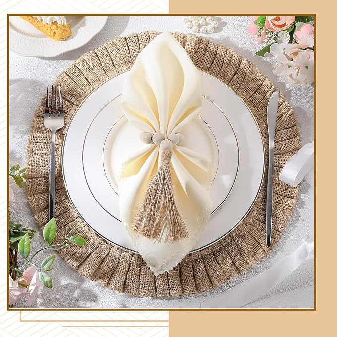 Gejoy 72 Pcs Round Burlap Placemats Wood Bead Napkin Rings - Image 3