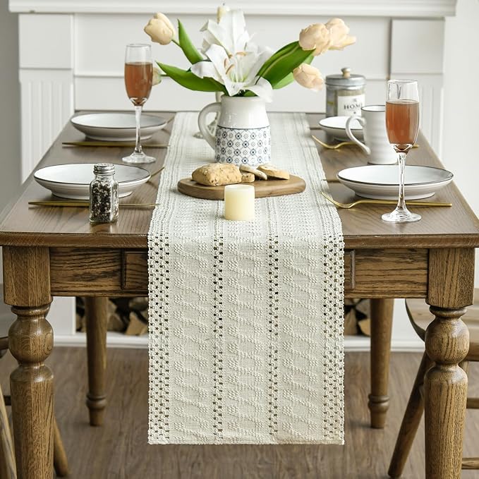 Artoid Mode Beige Woven Farmhouse Hollow Table Runner 12x108 Inch | Holiday - Image 2