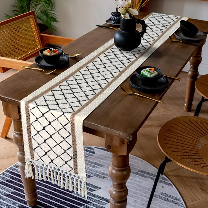 EMMTEEY Macrame Table Runner Boho Style 94 Inches Long, Hexagonal Black | - Image 7