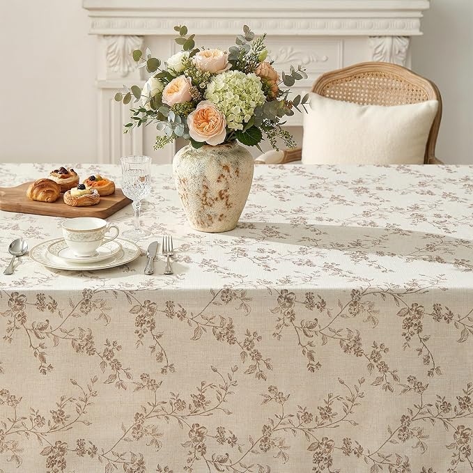 jinchan Taupe Farmhouse Floral Linen Square Table Cloth 52 x 52 Inch | Timeless - Image 4