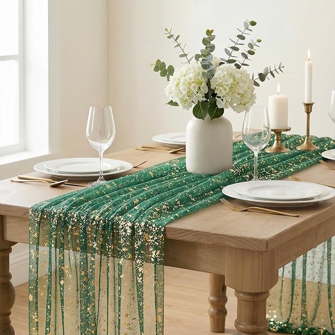 Artoid Mode Green Gold Gauze Table Runner 59x120 Inch 10FT, Glitter Metallic - Image 2