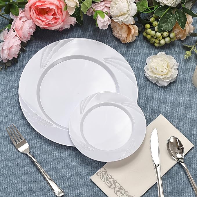 700-Piece White Swirls Plastic Dinnerware Set - Image 2