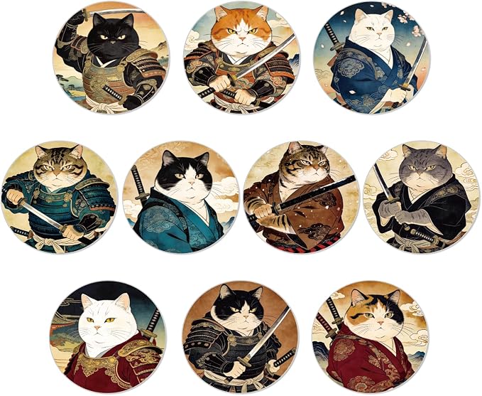 10pcs Coasters for Drinks Cute Samurai Cat Absorbent Coasters Set Round by Unknown