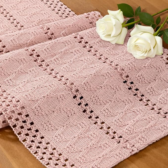 Pink Boho Table Runner Farmhouse Macrame Woven Table Runner 12x90 Inch | Small - Image 2