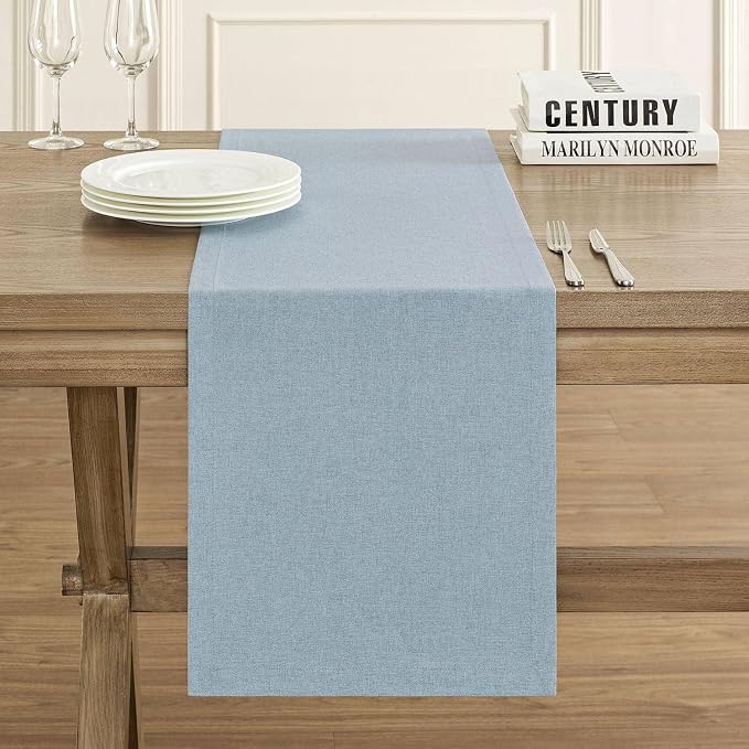 Basic Linen Style Table Runner, 14x60 Inch Chambray Blue | Mitered Corner Design - Image 2