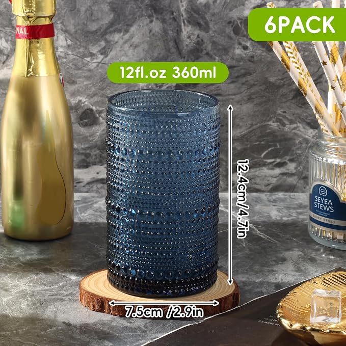 Moretoes 12 Oz Vintage Hobnail Drinking Glasses Set of 6 | Blue Highball - Image 3