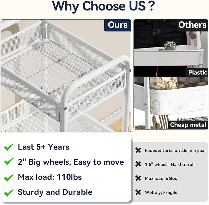 3 Tier Metal Rolling Cart, Art Workspace, Bedside Storage - Image 3
