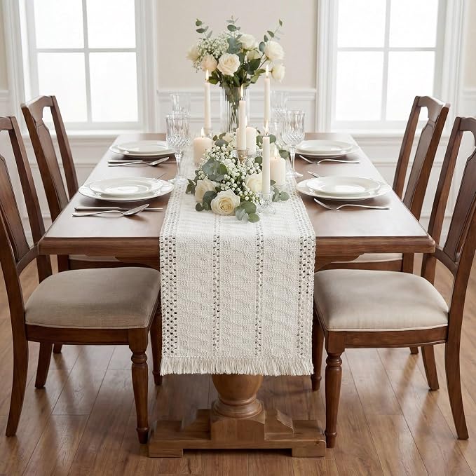 Boho Macrame Table Runner with Tassels 72in White Farmhouse Runner | Macrame - Image 5