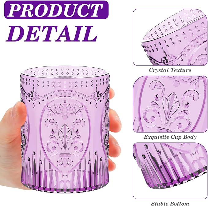 Qinyoung 12 Plastic Vintage Drinking Glasses 8.5oz Stemless Retro Embossed Wine - Image 2