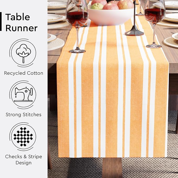 Encasa XO Table Runner, Woven Cotton Dining Runner 13"x59" Franca Yellow Stripes - Image 3