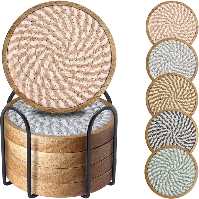 Wood Coasters for Drinks, Eykao Absorbent Coaster Sets of 5, Woven Drink by Eykao