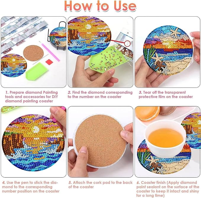 8 PCS Diamond Art Coasters Kits Sunset Beach Diamond Painting Coaster | Diamond - Image 7