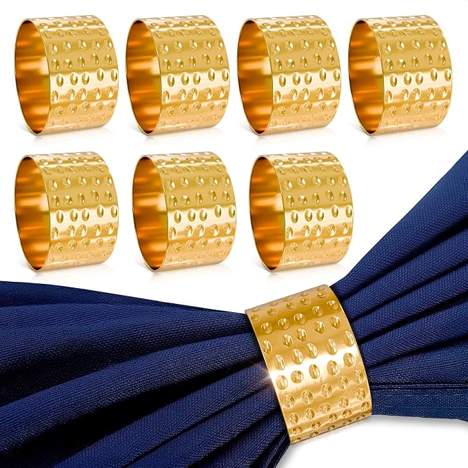8 Pcs Gold Napkin Rings, Hammered Metal, 1.8 x 1.1 Inches | Cloth Napkin Holder by Leglo