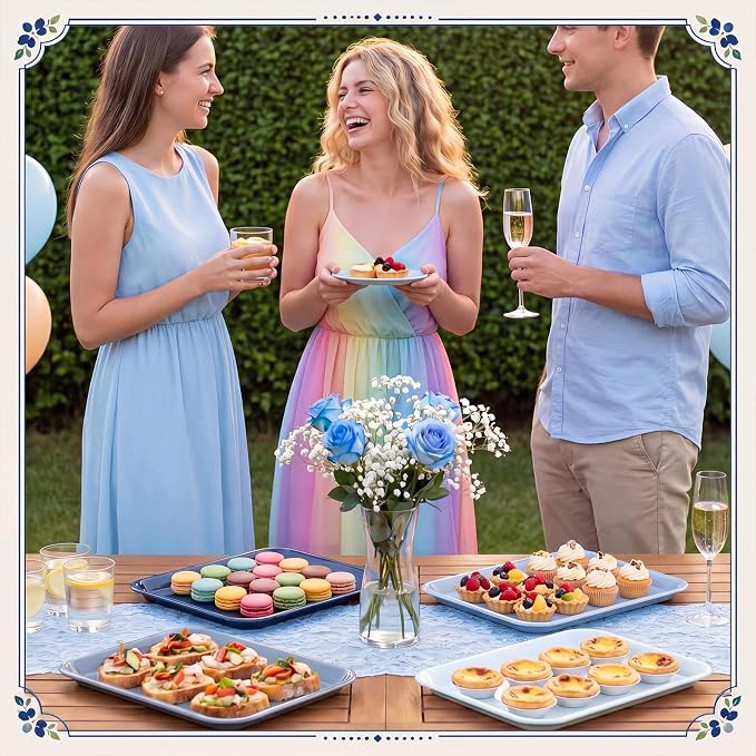 4 Pieces Dusty Blue Serving Trays Nautical Melamine Platters Reusable Rectangle - Image 6