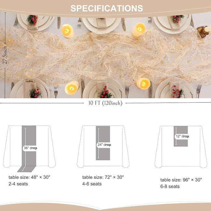 Snowkingdom 3Pcs 10Ft Gold Table Runners, Sheer Gauze Chiffon Cheesecloth - Image 8