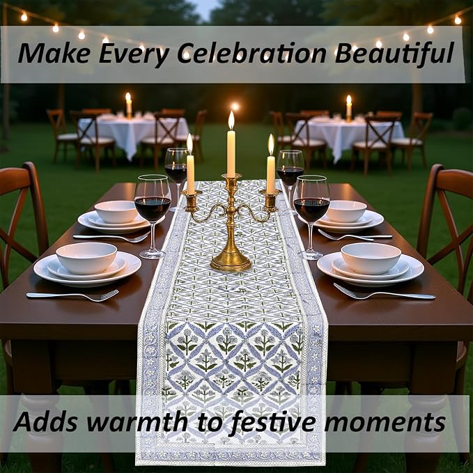 Light Steel Blue Hand Block Print 100% Cotton Table Runner 16x90 Inch | Perfect - Image 8