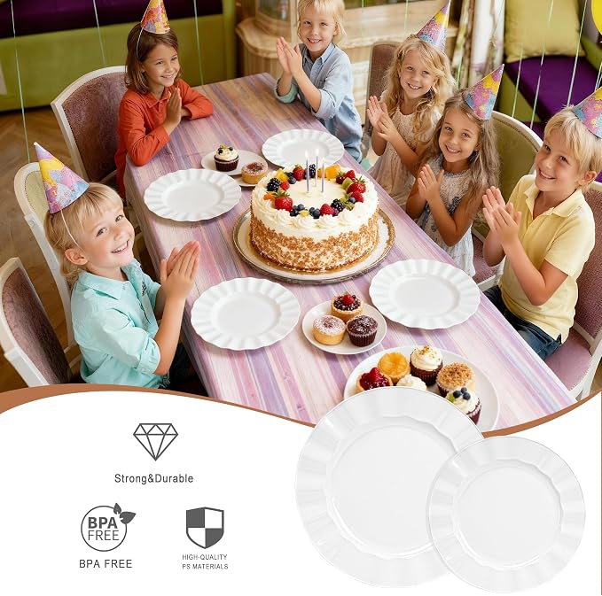 60 Pcs White Plates, Wave Edge Design Disposable Plastic Plates | Disposable - Image 3