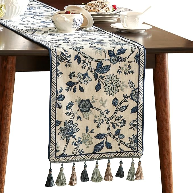 bilin gaier Designer French Linen Long Table Runner, Floral Pattern, Dining by bilingaier