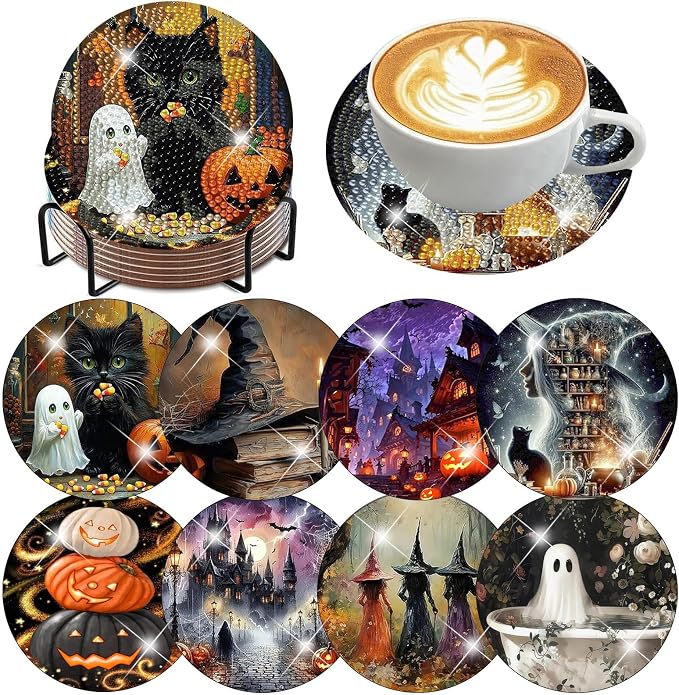 ijbnhd 8 Pcs Halloween Diamond Art Coasters Kits | Halloween Diamond Painting by ijbnhd