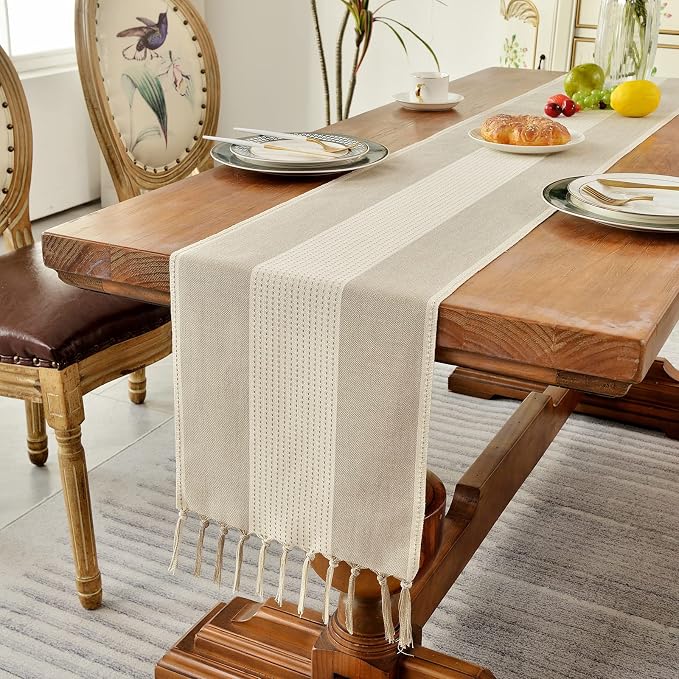 Wracra Linen Table Runner, Stripe Table Runners 36 Inches Long Light Coffee | - Image 5