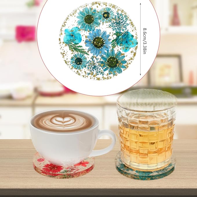 Amabro Dried Flower Drink Coasters, Floral Resin Drink Cup Mat Set of 2 - Image 7