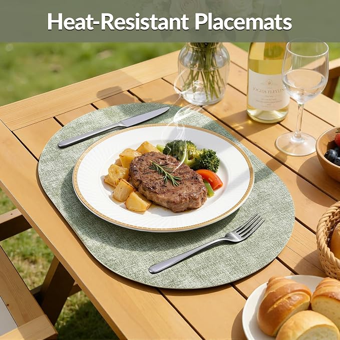 Placemats Set of 8, 11.8 x 17 Inch, Grass Green | Heat Resistant Oval Faux - Image 4
