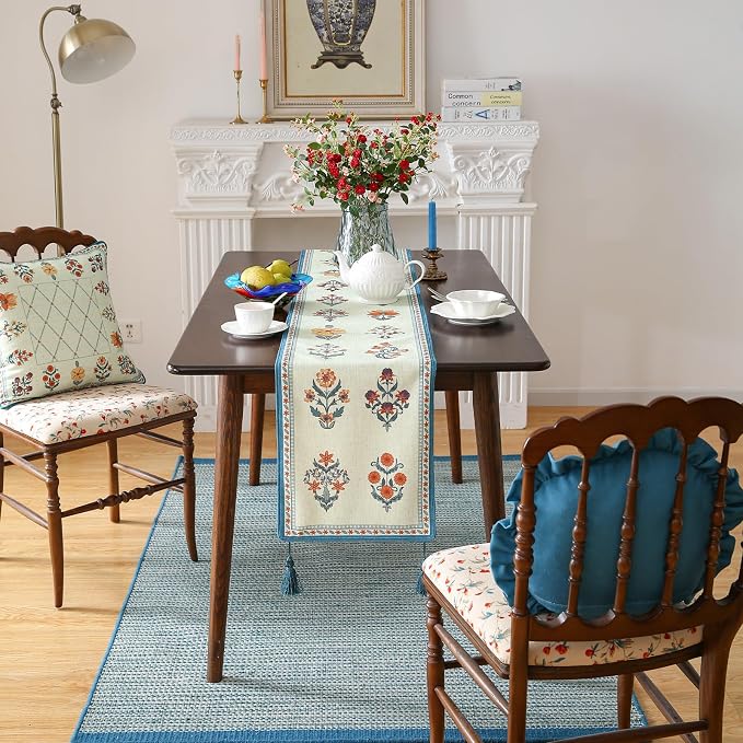 Designer French Linen Long Table Runner, Floral Pattern, Dining Table, Kitchen - Image 6