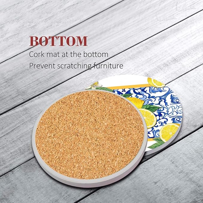 Coasters for Drinks, Ceramic Stone Yellow Blue | Absorbent Round Lemon Fruit - Image 5