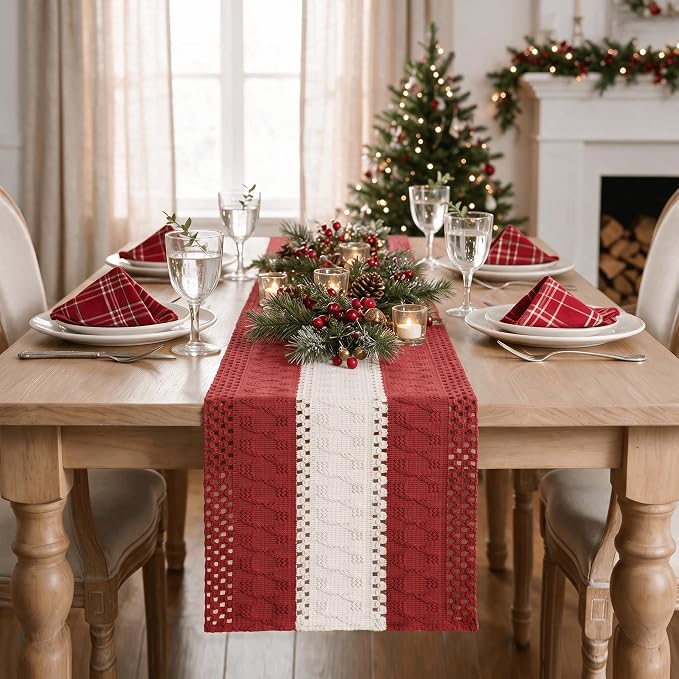 Artoid Mode Rose Red Farmhouse Woven Table Runner 12x108 Inch | Holiday Rustic - Image 2