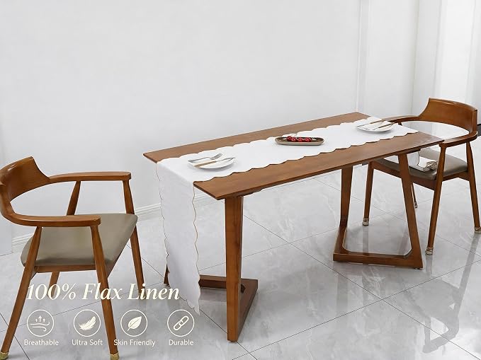 100% Natural Linen Rustic Scalloped Embroidery Table Runner 72 Inches Long - Image 3