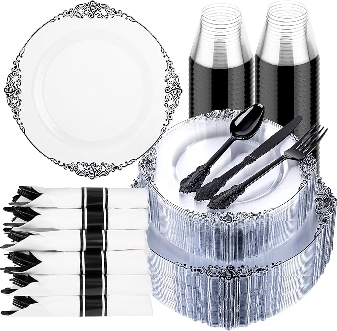 350 Pcs Clear Black Plates for Party | Black Party Plates Set for 50 Guests by Hioasis