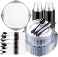 350 Pcs Clear Black Plates for Party | Black Party Plates Set for 50 Guests by Hioasis