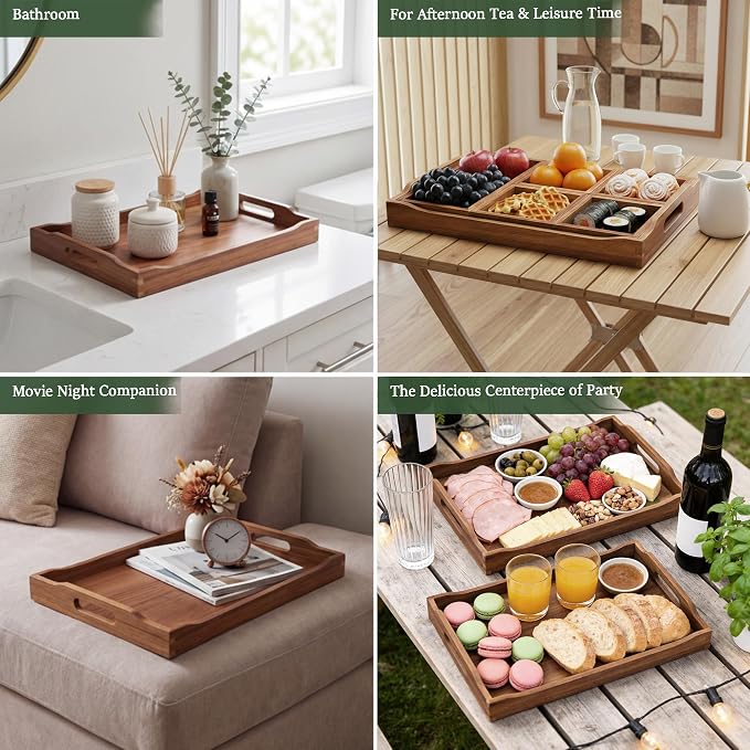 Acacia Wood Serving Tray with Handles, Rectangular Wooden Ottoman Tray - Image 9