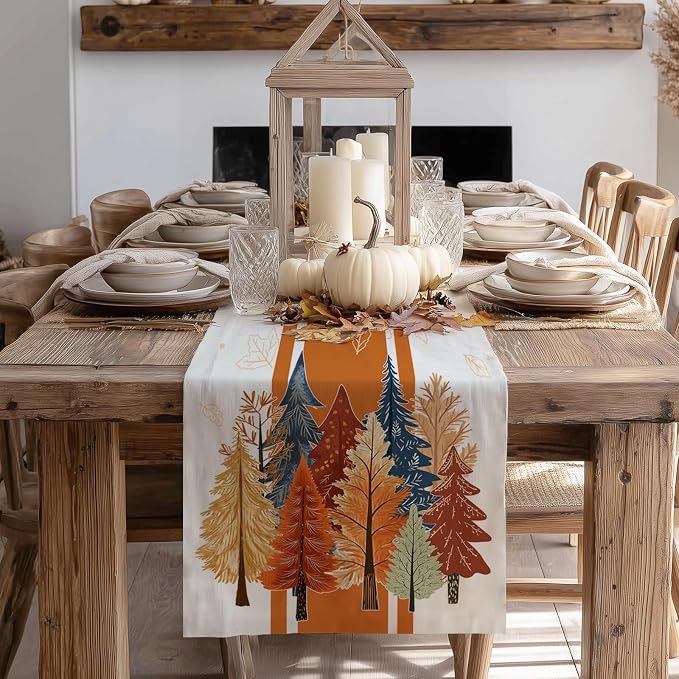 Fall Watercolor Trees & Maple Leaves Striped Table Runner 13x72 Inch, Rustic - Image 3