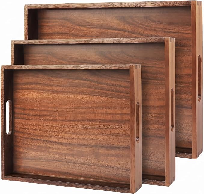 Acacia Wood Tray Set of 3, Stackable Serving Trays - Image 2